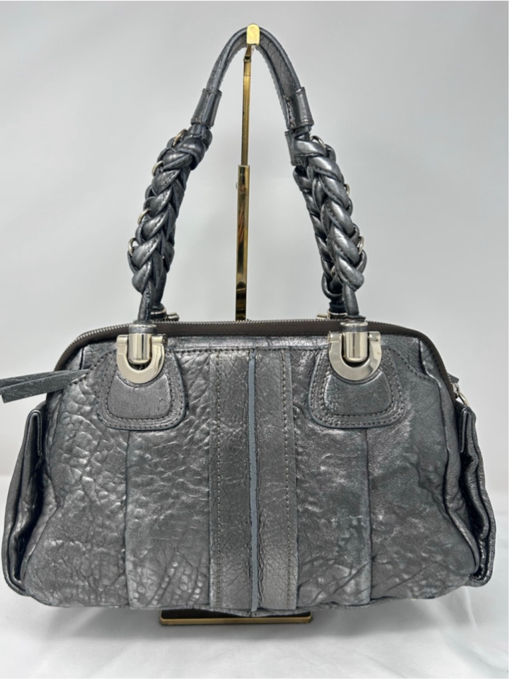Chloé Heloise Metallic Silver Leather Satchel Bag Authenticated